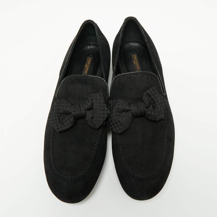 Pre Owned Louis Vuitton Black Suede Tuxedo Bow Smoking Slippers Size 43.5
