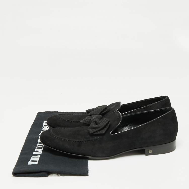 Pre Owned Louis Vuitton Black Suede Tuxedo Bow Smoking Slippers Size 43.5