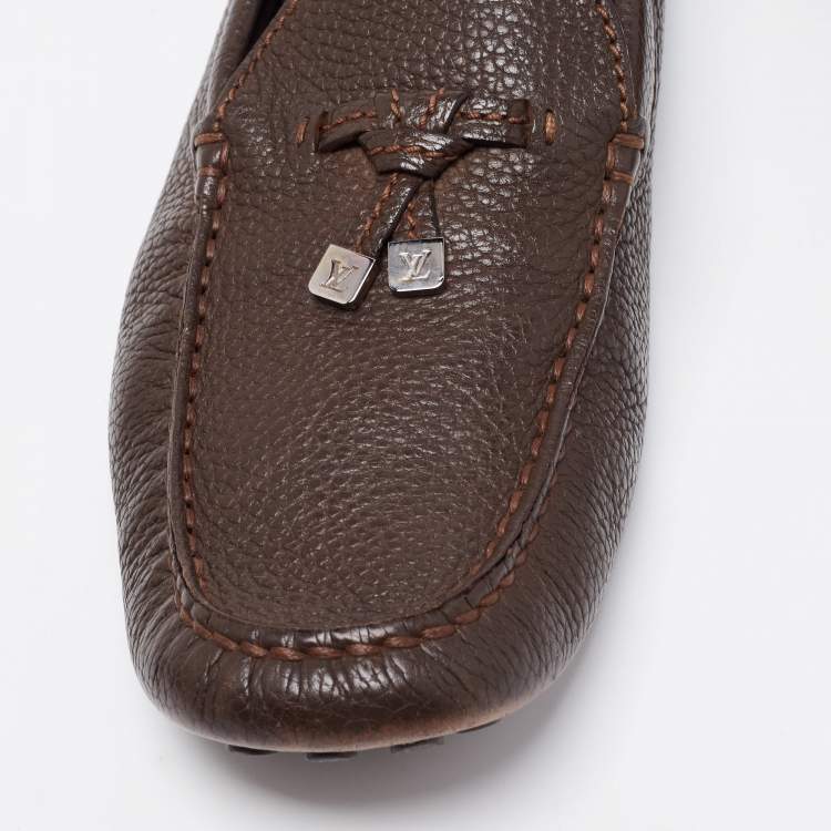 Pre Owned Louis Vuitton Brown Leather Logo Bow Slip On Loafers Size 43.5 