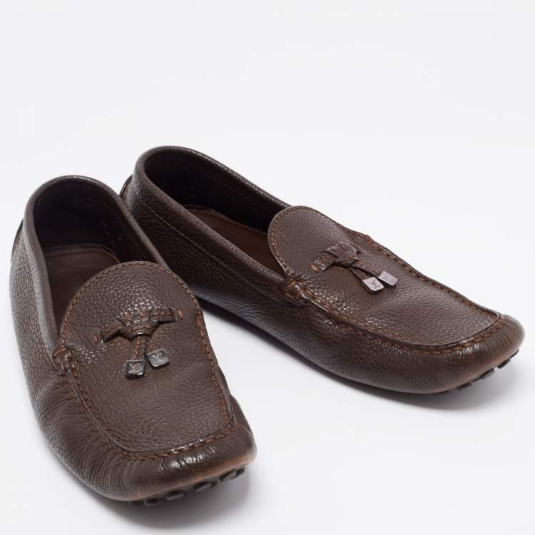 Pre Owned Louis Vuitton Brown Leather Logo Bow Slip On Loafers Size 43.5 