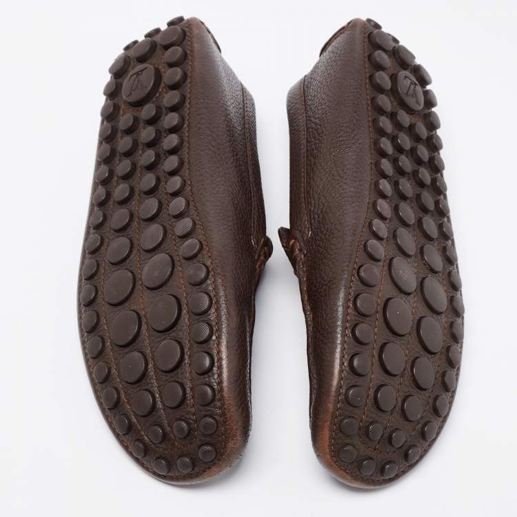 Pre Owned Louis Vuitton Brown Leather Logo Bow Slip On Loafers Size 43.5 
