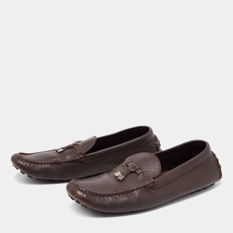 Pre Owned Louis Vuitton Brown Leather Logo Bow Slip On Loafers Size 43.5 