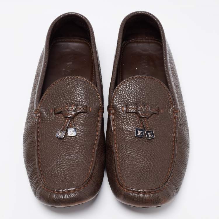 Pre Owned Louis Vuitton Brown Leather Logo Bow Slip On Loafers Size 43.5 