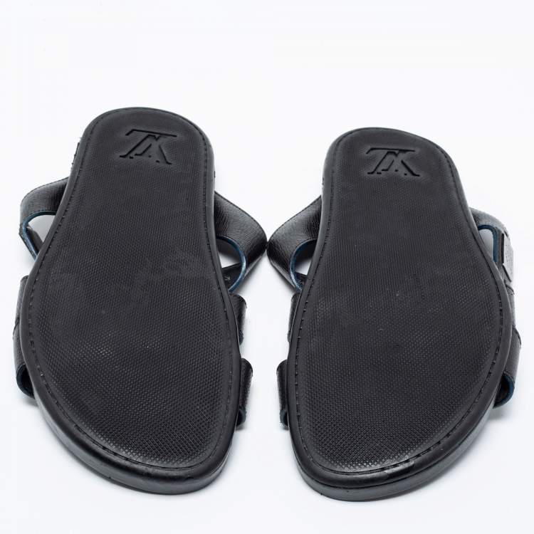 Pre Owned Louis Vuitton Black Leather Criss Cross Strap Flat Slide Sandals Size 41.5 
