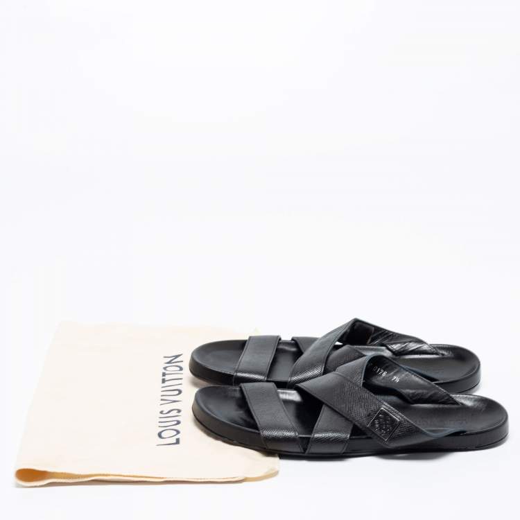 Pre Owned Louis Vuitton Black Leather Criss Cross Strap Flat Slide Sandals Size 41.5 