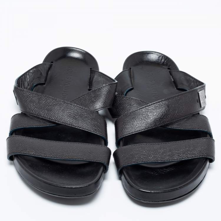 Pre Owned Louis Vuitton Black Leather Criss Cross Strap Flat Slide Sandals Size 41.5 
