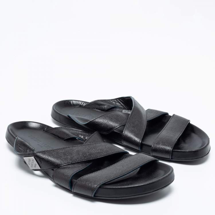 Pre Owned Louis Vuitton Black Leather Criss Cross Strap Flat Slide Sandals Size 41.5 