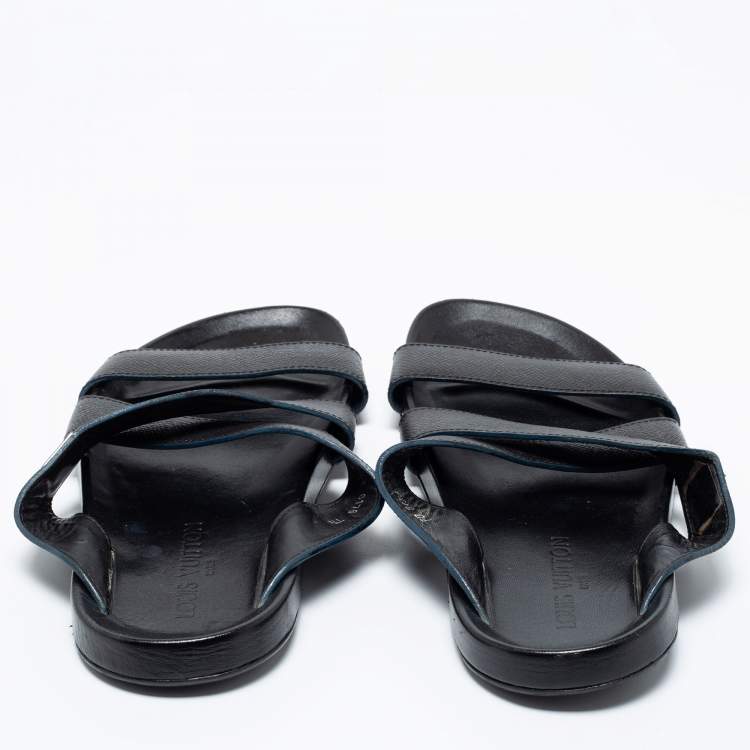 Pre Owned Louis Vuitton Black Leather Criss Cross Strap Flat Slide Sandals Size 41.5 