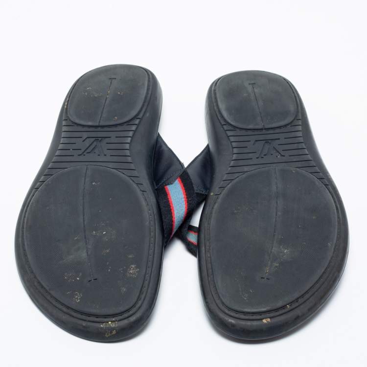 Pre Owned Louis Vuitton Navy Blue Leather and Canvas Thong Slides Size 44.5