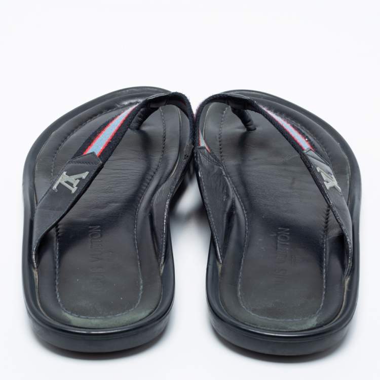 Pre Owned Louis Vuitton Navy Blue Leather and Canvas Thong Slides Size 44.5