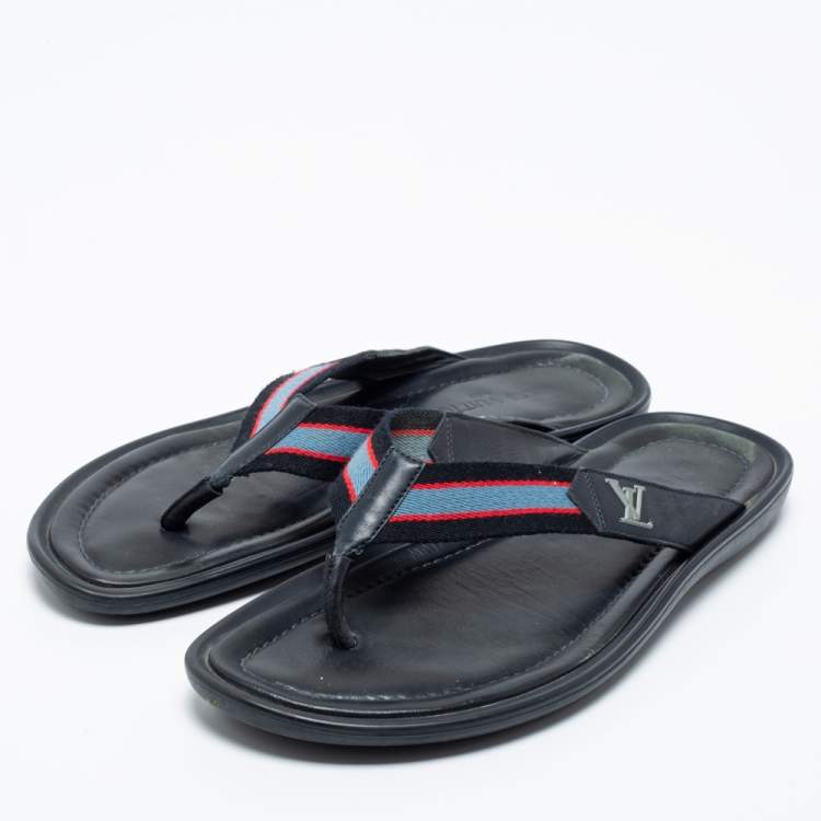 Louis Vuitton Navy Blue Leather and Canvas Thong Slides Size 44.5