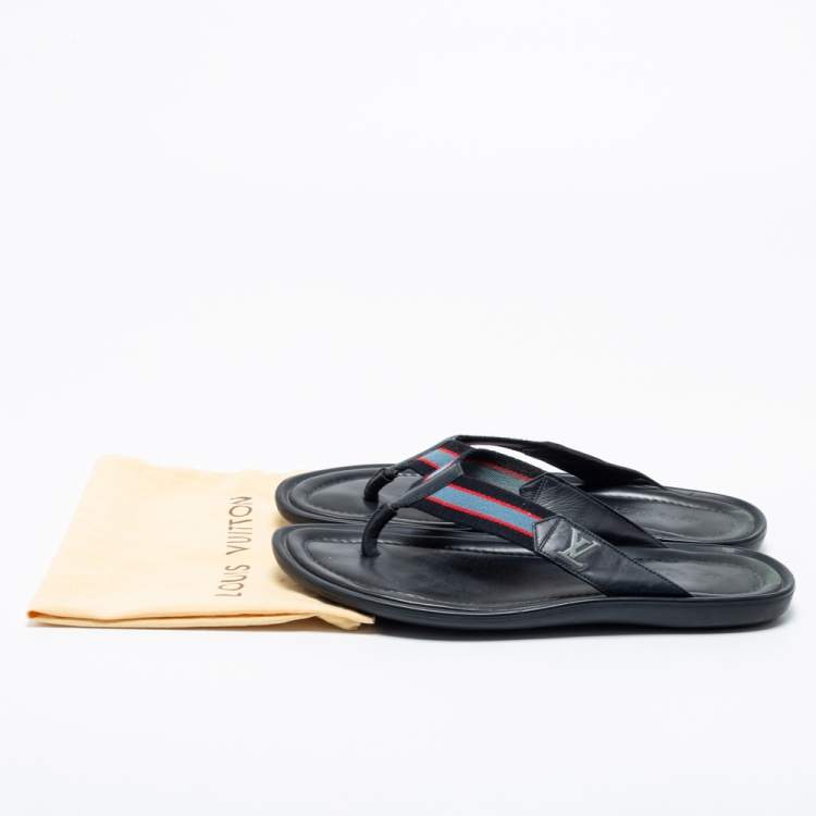 Pre Owned Louis Vuitton Navy Blue Leather and Canvas Thong Slides Size 44.5