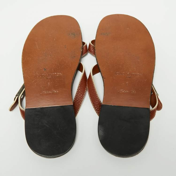 Pre Owned Louis Vuitton Brown Leather Criss Cross Flat Sandals Size 40