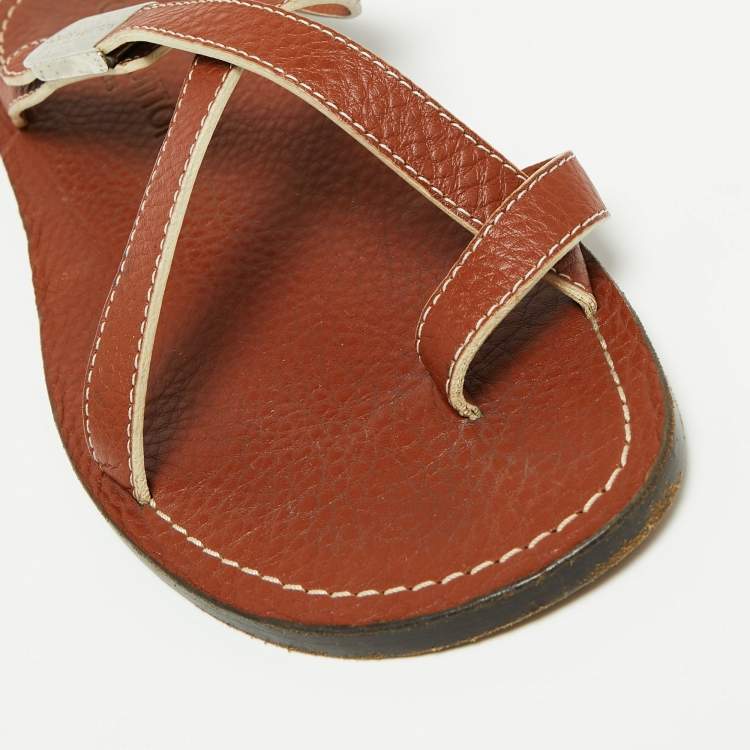 Pre Owned Louis Vuitton Brown Leather Criss Cross Flat Sandals Size 40