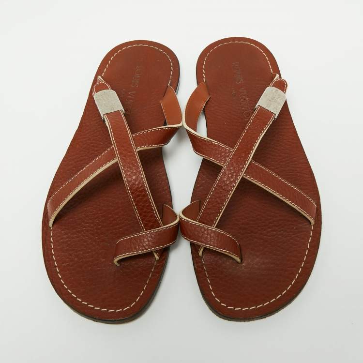Pre Owned Louis Vuitton Brown Leather Criss Cross Flat Sandals Size 40