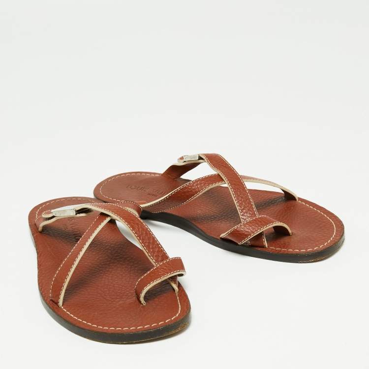 Pre Owned Louis Vuitton Brown Leather Criss Cross Flat Sandals Size 40