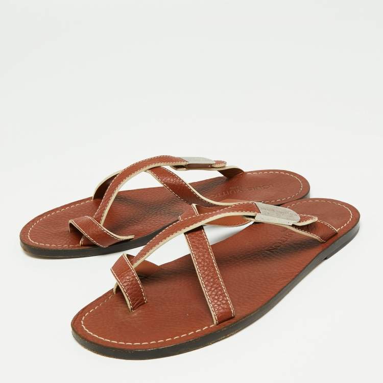Pre Owned Louis Vuitton Brown Leather Criss Cross Flat Sandals Size 40