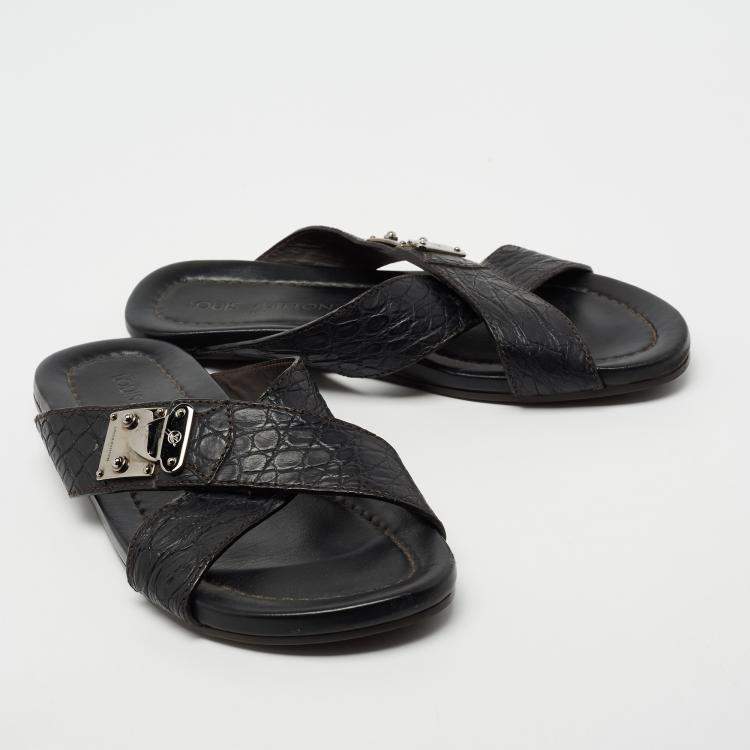 Pre Owned Louis Vuitton Black Crocodile Leather Cross Strap Flat Slide Sandals Size 40