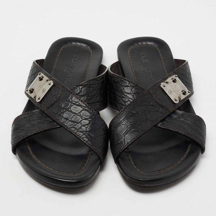 Pre Owned Louis Vuitton Black Crocodile Leather Cross Strap Flat Slide Sandals Size 40