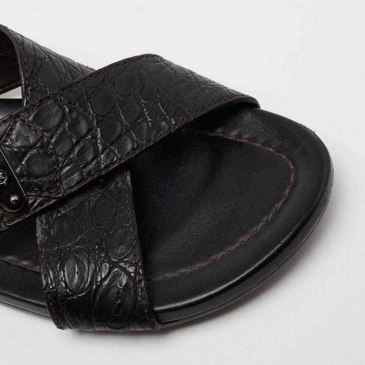 Pre Owned Louis Vuitton Black Crocodile Leather Cross Strap Flat Slide Sandals Size 40