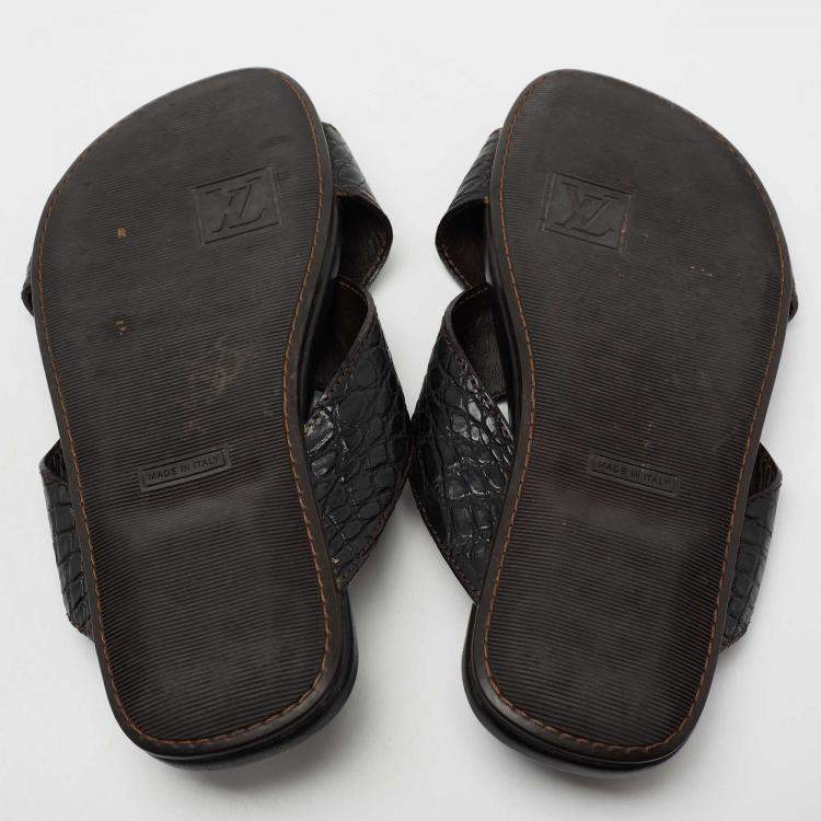 Pre Owned Louis Vuitton Black Crocodile Leather Cross Strap Flat Slide Sandals Size 40