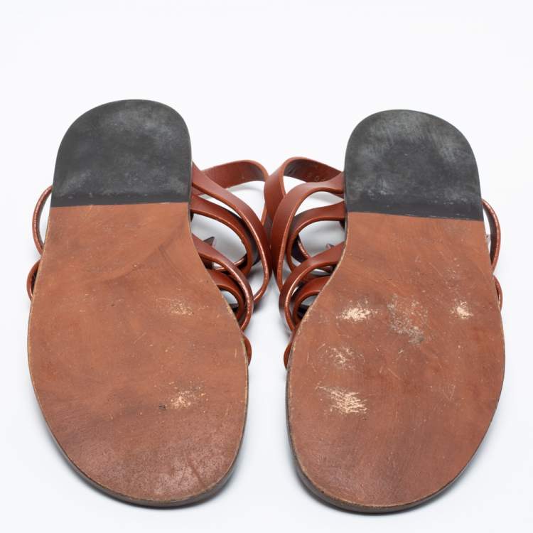 Pre Owned Louis Vuitton Brown Leather Strappy Flat Sandals Size 41