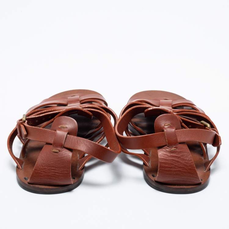 Pre Owned Louis Vuitton Brown Leather Strappy Flat Sandals Size 41