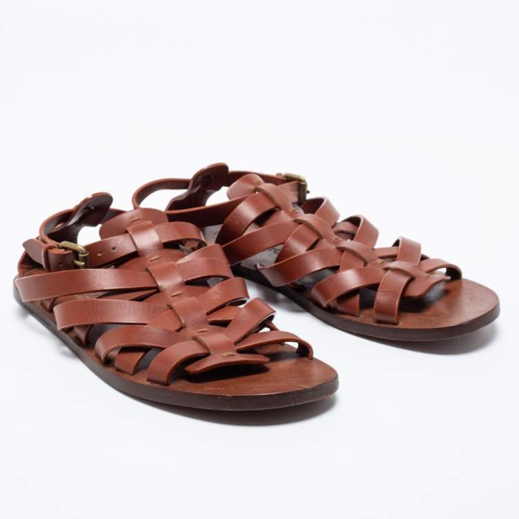 Pre Owned Louis Vuitton Brown Leather Strappy Flat Sandals Size 41