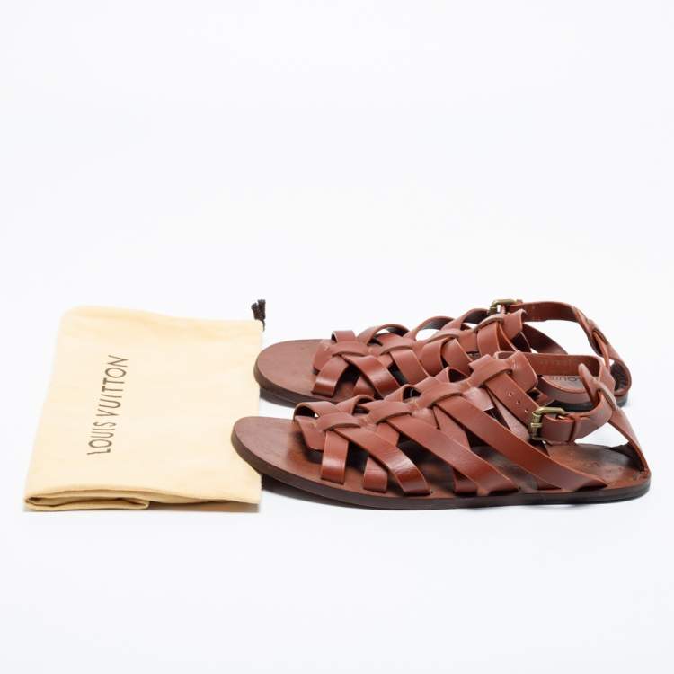 Pre Owned Louis Vuitton Brown Leather Strappy Flat Sandals Size 41