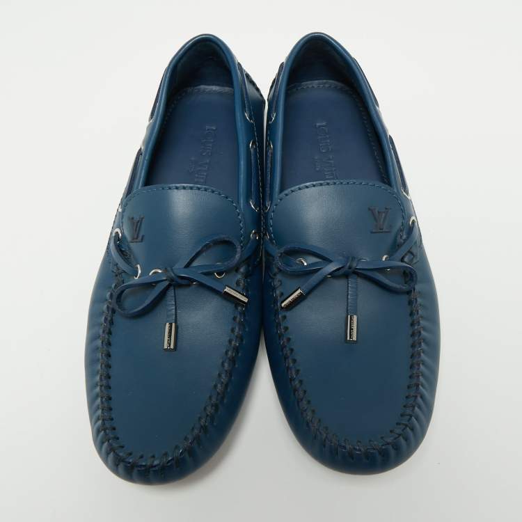 Pre Owned Louis Vuitton Blue Leather Bow Arizona Loafers Size 43