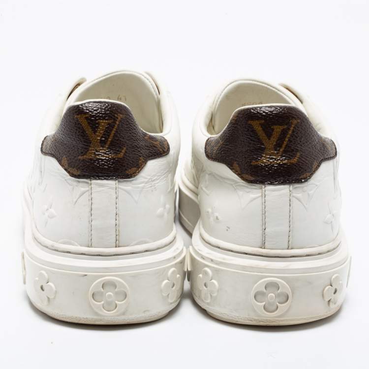 Pre Owned Louis Vuitton White/Brown Leather And Monogram Canvas Time Out  Sneakers Size 41