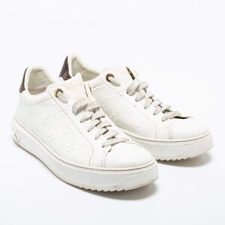Pre Owned Louis Vuitton White/Brown Leather And Monogram Canvas Time Out  Sneakers Size 41