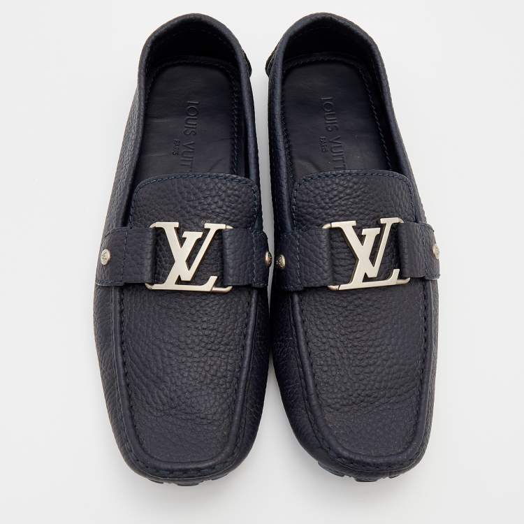 Pre Owned Louis Vuitton Navy Blue Leather Montaigne Slip On Loafers Size 41.5