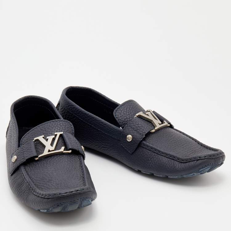 Pre Owned Louis Vuitton Navy Blue Leather Montaigne Slip On Loafers Size 41.5