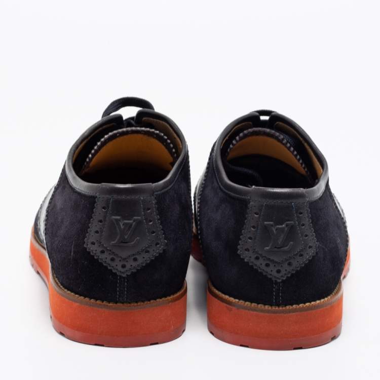 Pre Owned Louis Vuitton Black/Navy Blue Suede and Brogue Leather Lace-Up Oxfords Size 42.5 