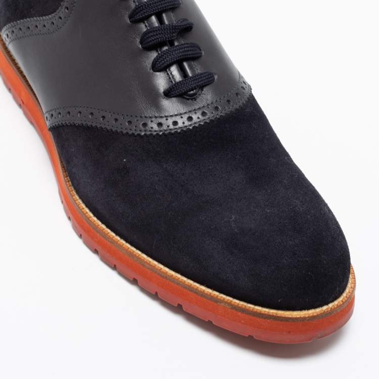 Pre Owned Louis Vuitton Black/Navy Blue Suede and Brogue Leather Lace-Up Oxfords Size 42.5 