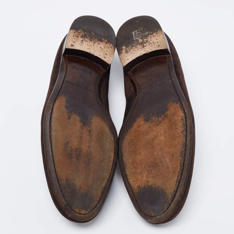 Pre Owned Louis Vuitton Dark Brown Suede Slip On Loafers Size 42.5