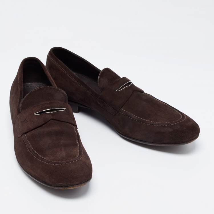 Pre Owned Louis Vuitton Dark Brown Suede Slip On Loafers Size 42.5
