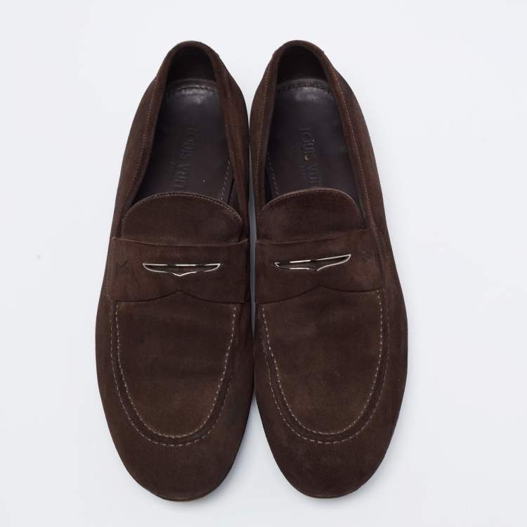 Pre Owned Louis Vuitton Dark Brown Suede Slip On Loafers Size 42.5