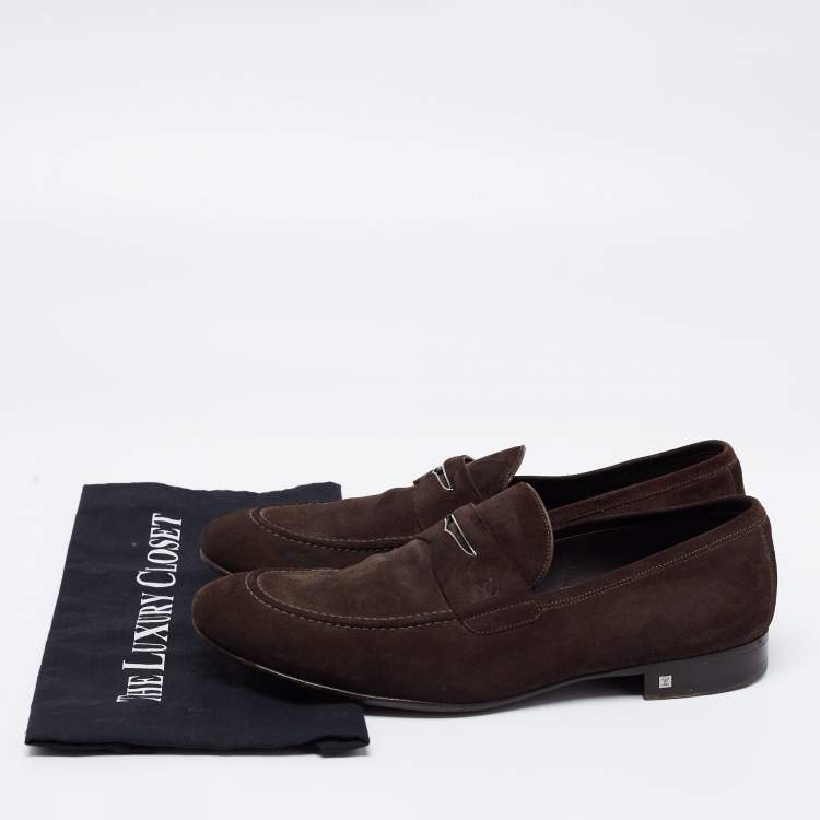Pre Owned Louis Vuitton Dark Brown Suede Slip On Loafers Size 42.5