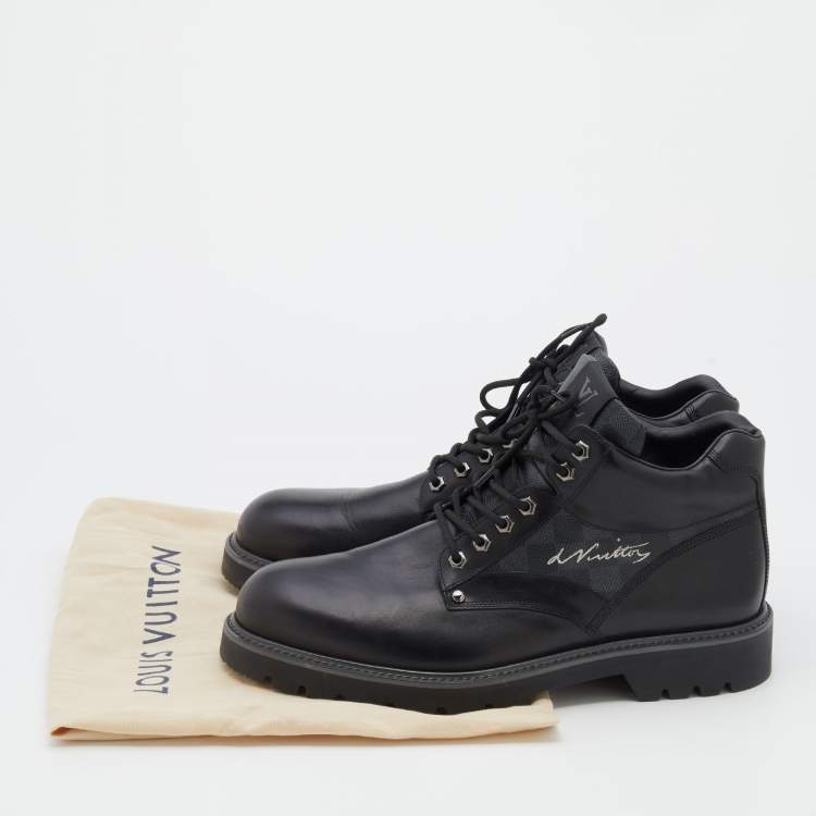 Pre Owned Louis Vuitton Black Leather And Damier Ebene Canvas Oberkampf Ankle Length Boots Size 45