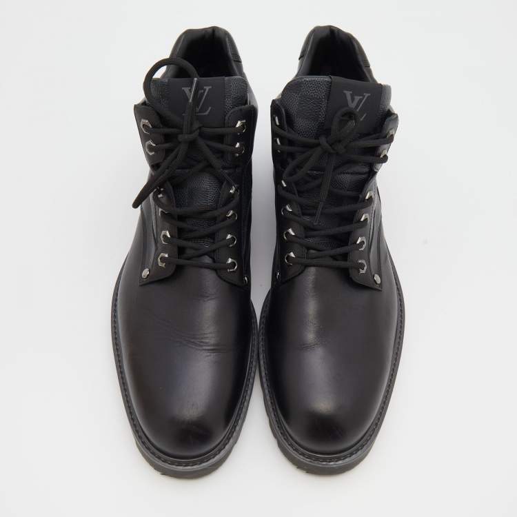 Pre Owned Louis Vuitton Black Leather And Damier Ebene Canvas Oberkampf Ankle Length Boots Size 45