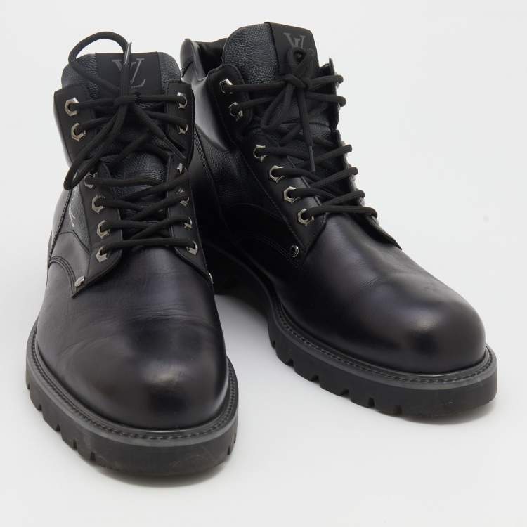 Pre Owned Louis Vuitton Black Leather And Damier Ebene Canvas Oberkampf Ankle Length Boots Size 45