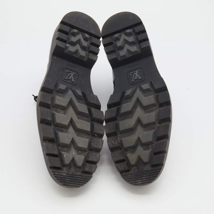 Pre Owned Louis Vuitton Black Leather And Damier Ebene Canvas Oberkampf Ankle Length Boots Size 45