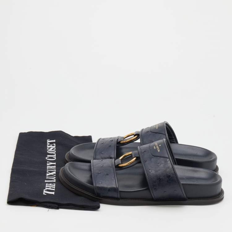 Pre Owned Louis Vuitton Navy Blue Ostrich And Leather Flats Size 41.5