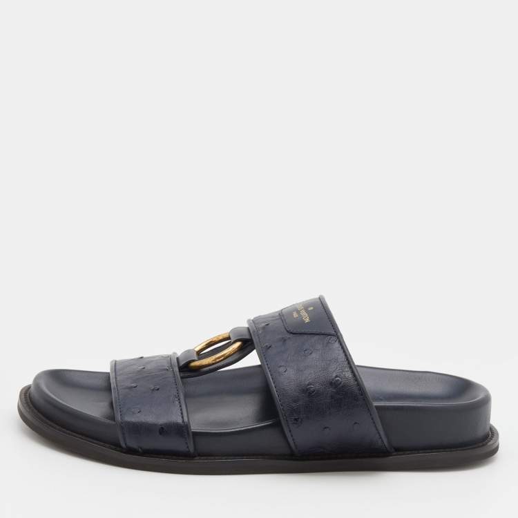 Pre Owned Louis Vuitton Navy Blue Ostrich And Leather Flats Size 41.5
