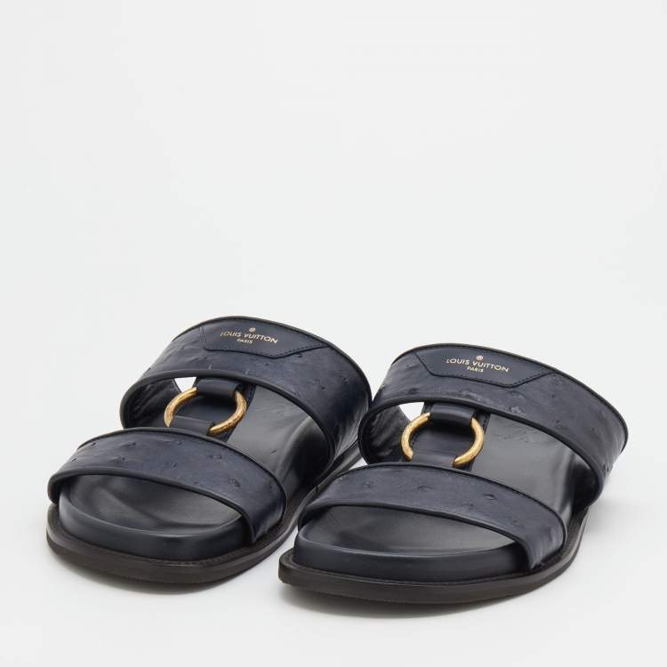Pre Owned Louis Vuitton Navy Blue Ostrich And Leather Flats Size 41.5