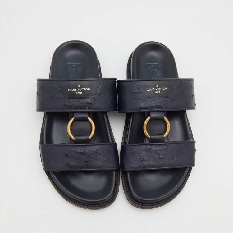 Pre Owned Louis Vuitton Navy Blue Ostrich And Leather Flats Size 41.5