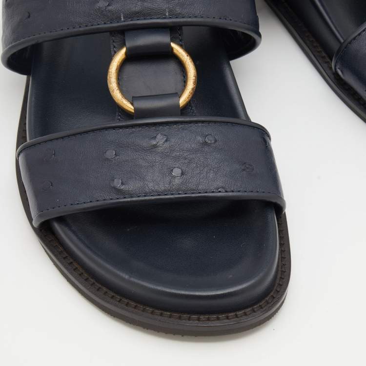 Pre Owned Louis Vuitton Navy Blue Ostrich And Leather Flats Size 41.5