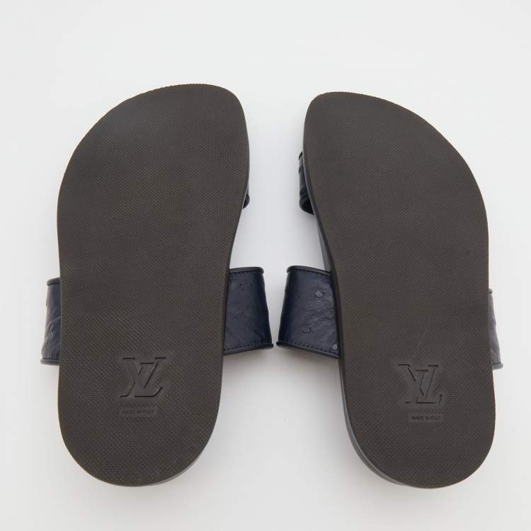Pre Owned Louis Vuitton Navy Blue Ostrich And Leather Flats Size 41.5